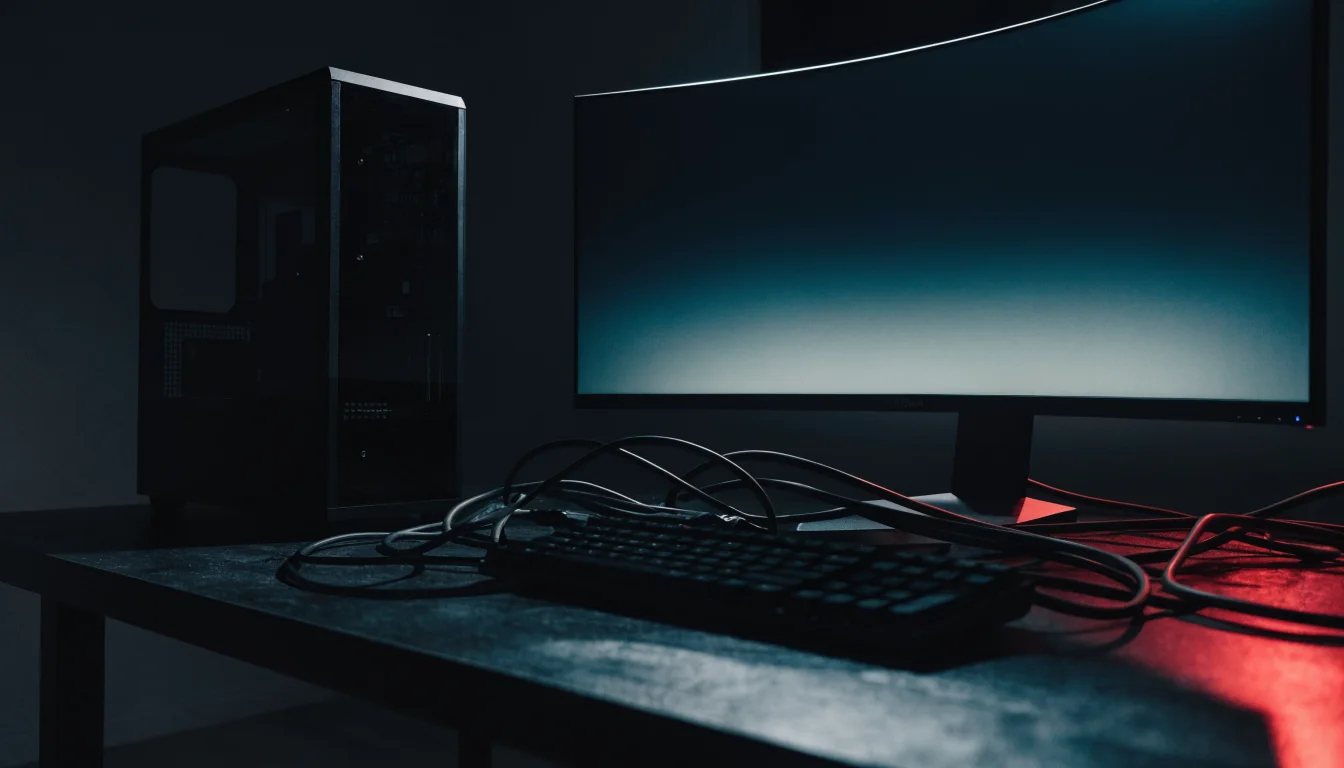 Gece karanlığında monitör ışığıyla aydınlanan oyun bilgisayarı düzeni